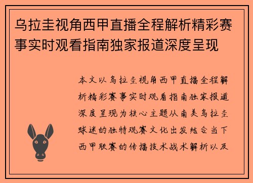 乌拉圭视角西甲直播全程解析精彩赛事实时观看指南独家报道深度呈现